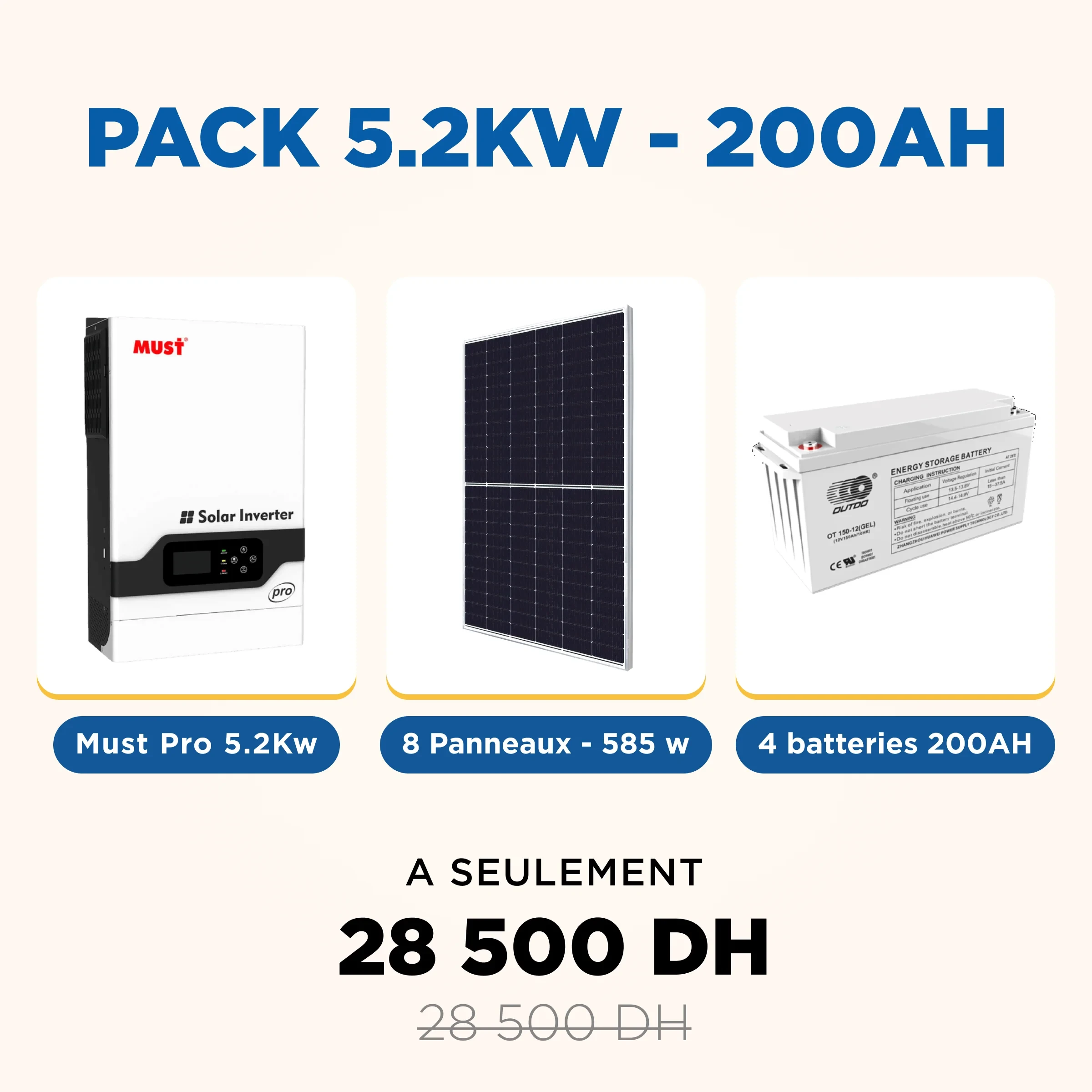 Pack 5.2KW | 200 AH - Panneaux Solaires - Batterie solaire - Onduleur Hybride